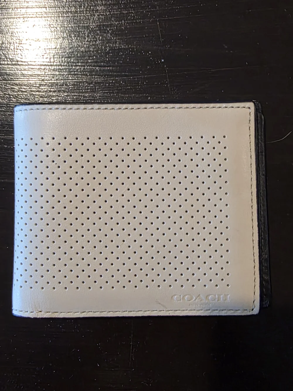 Coach Men's Perforated Leather Bifold Wallet in Cream with Black Trim